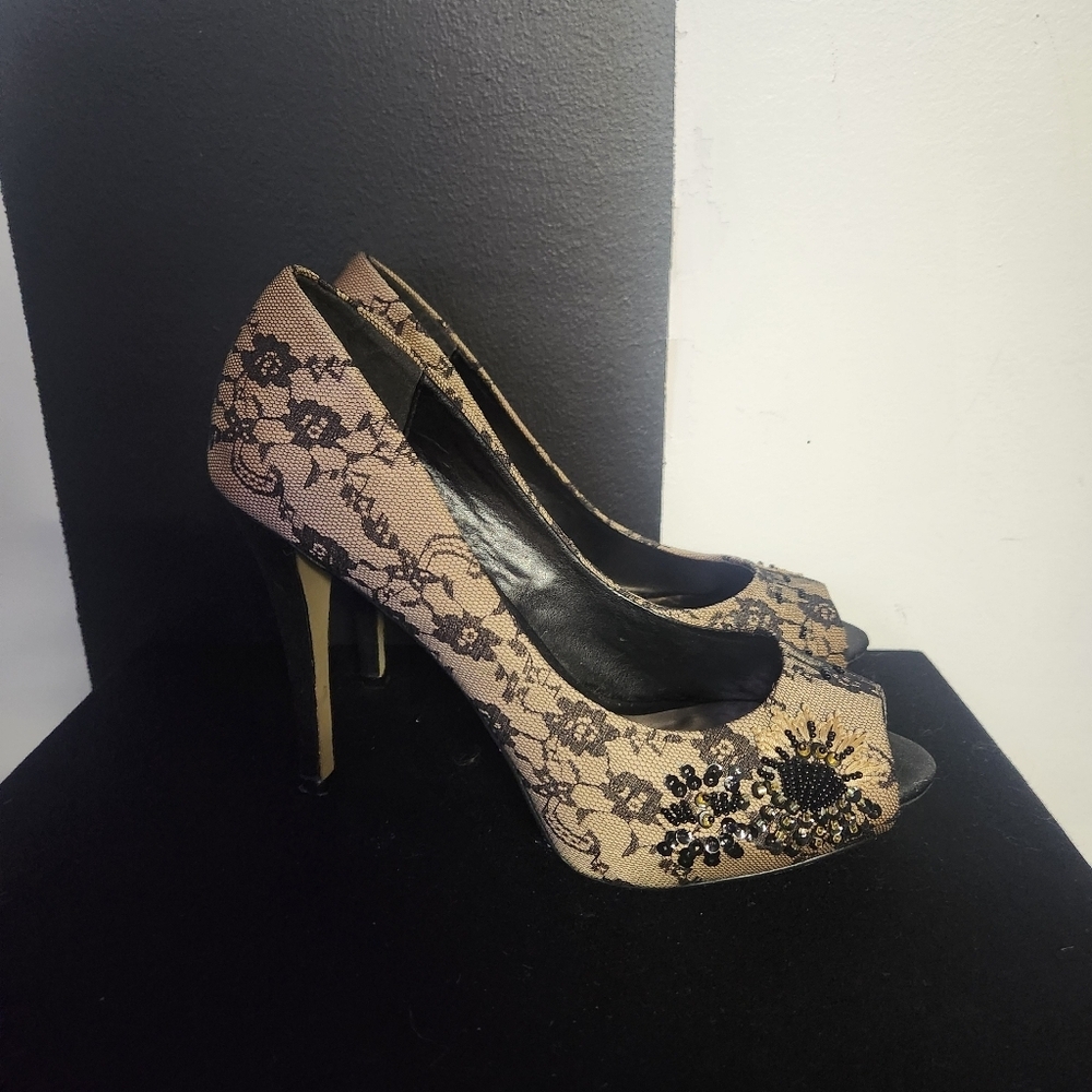 Le Chateau Black and Tan Lace Peep-Toe Heels